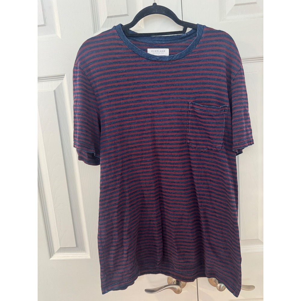 Everlane Mens Large Striped Pocket T-Shirt Navy Blue Burgundy Red 100% Cotton